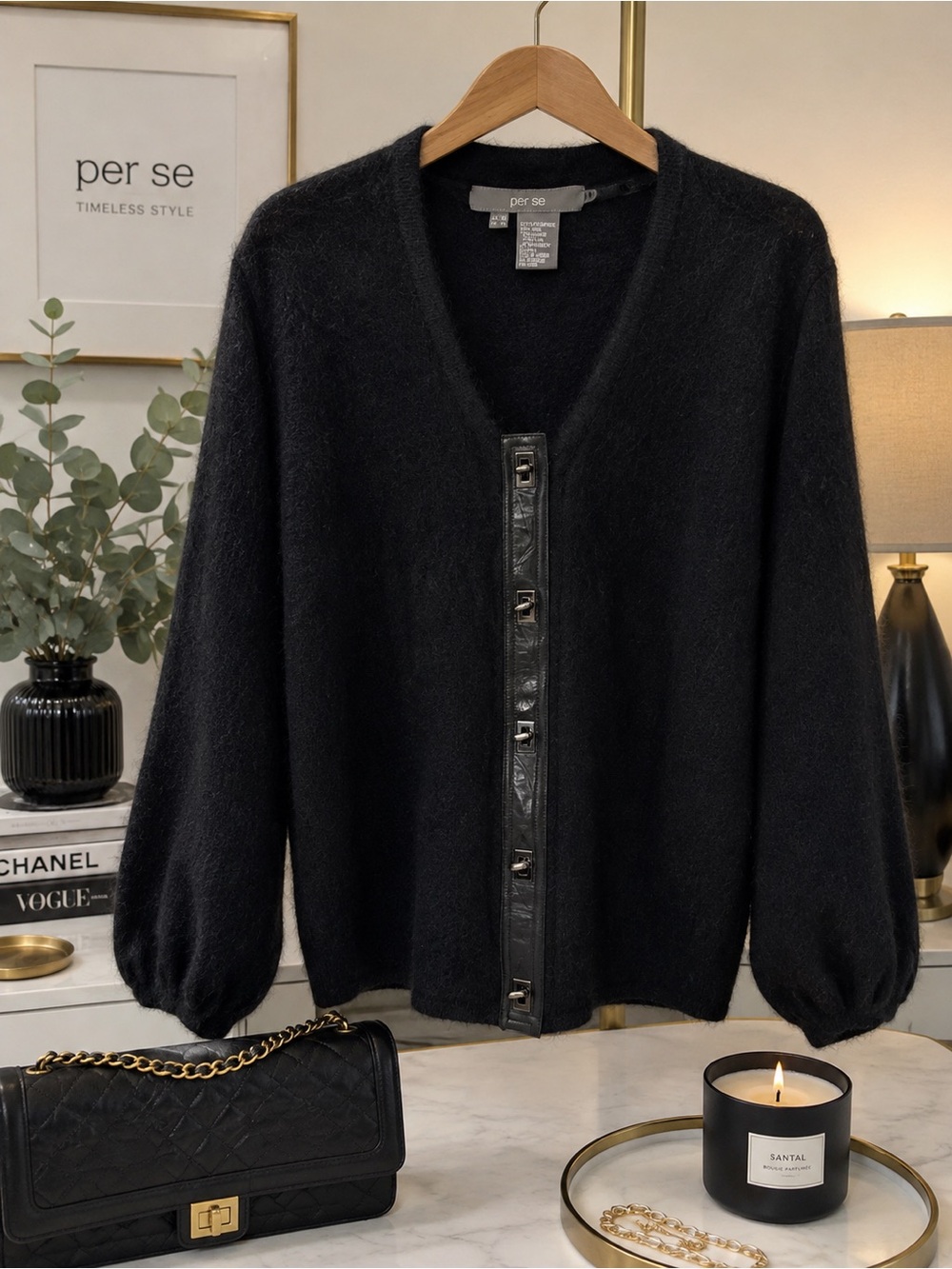Per Se Black Mohair Wool Cardigan Leather Trim Toggle Sweater XL